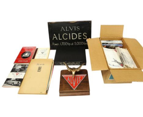 A collection of Alvis vintage ephemera to include mascot on wooden plaque with Alvis sign, wooden wall plaque, paperwork, boo