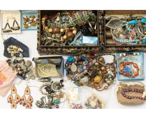 A collection of costume jewellery including a pair of 9ct gold two tone drop earrings, weight approx 3.7gms a/f bent, along w