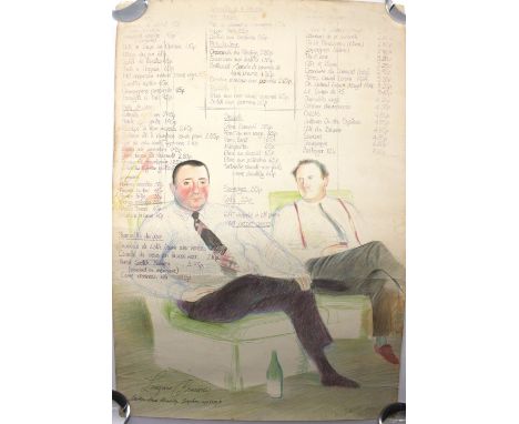 After David Hockney OM CH RA British born 1937:Langans Brasserie Illustrated Menu, 1975 in colour. Inscribed DH for Peter, Pa