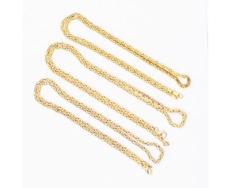 Three 9ct gold byzantine link chains, two with a width approx 3mm, lengths 66cm and 62cm, along with another slightly lighter