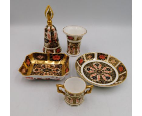 A collection of Royal Crown Derby 1128 imari boxed items to include a small vase, loving cup , two pin dishes and a candle sn
