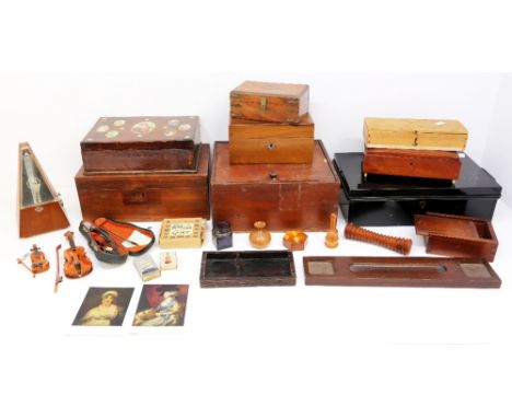 A collection of 20th Century treen boxes to include deed box, desk tidy and metronome with small decorative small violins in 