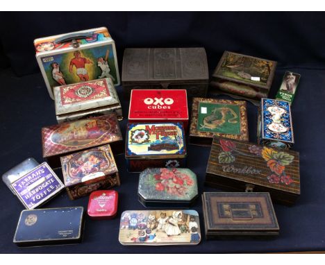 A collection of vintage tins, mixed variety to include Huntley and Palmer Chinese dragon tin, toffee, condiment and more.