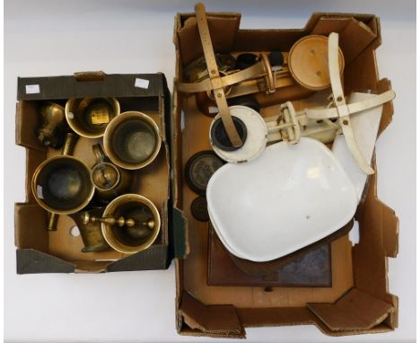 Two sets of vintage scales along with 18th and 19th Century bronze and brass pestle and mortars .some with tarnishing , wear 
