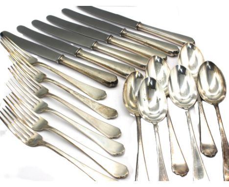 A matching German 800 silver dinner forks, spoons and knives, steel handles to knives marked Rostfrei, all with plain curved 
