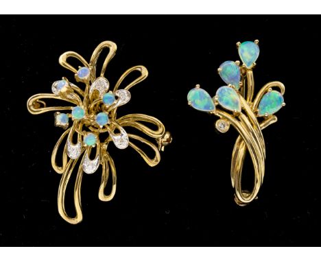 Two vintage opal and diamond 9ct gold spray brooches, one measuring approx 35mm, the other approx 30mm, combined total gross 