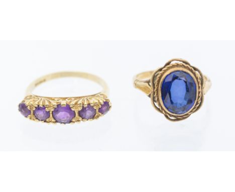 A five stone amethyst and 9ct gold ring, set with graduated round mixed cut amethysts, width approx 5mmm, size M, along with 