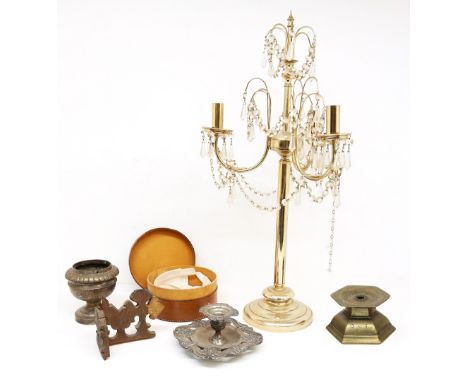 A mid 20th Century candelabra with chain droplets, a mid 17th Century candle base dated 1650, 18th and 19th Century candle ho