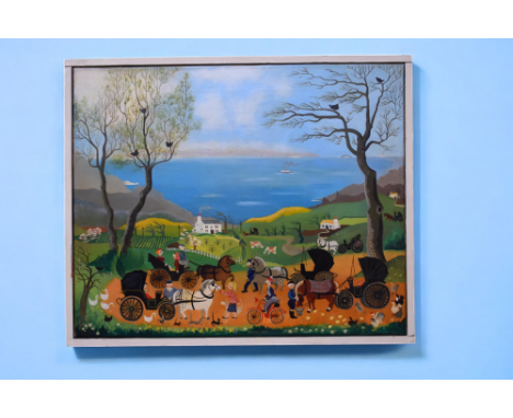 A mid 20th Century folk art oil on canvas of a coastal scene, 56cm x 46xm, entitled 'Spring 1950'.