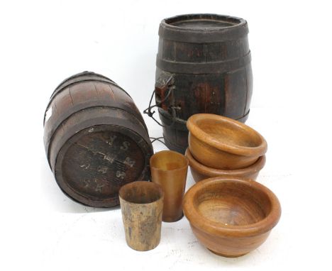 2 small vintage wooden  Liquor barrels impressed marked SK , tallest stands 25cm high, they are in used condition.Along  with