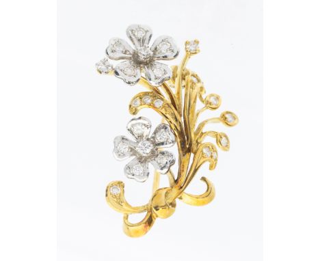 A diamond two tone spray brooch, length approx 30mm, pin and roller clasp, unmarked, total gross weight approx 5.3gms   Furth