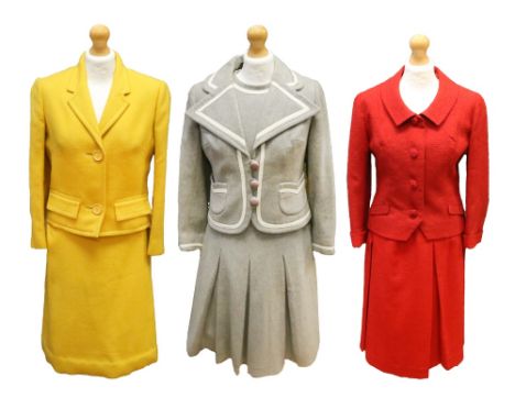 An Amy Linker mustard wool suit (jacket and skirt) c1968, an Amy Linker red suit (jacket and skirt) with scooped turn back co