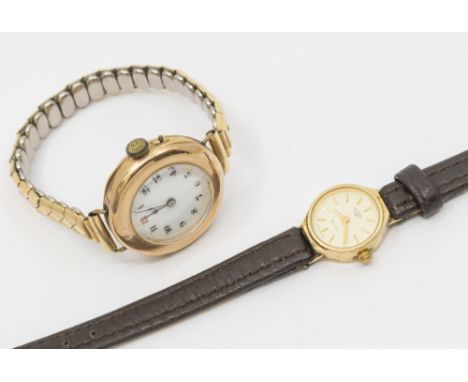 An early 20th century 9ct gold wristwatch, with enamel dial Arabic markers, case approx 25mm, (later crown) to a later plated