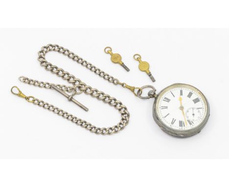 A Victorian silver cased key wind open faced pocket watch, comprising a white enamel dial with numeral markers, subsidiary di