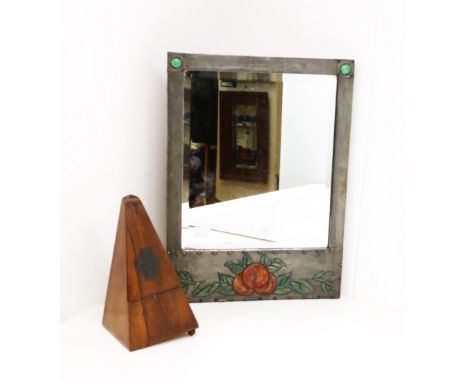 A late 19th Century arts &amp; crafts liberty style wall hanging mirror, wooden frame with pewter cover, green polished stone