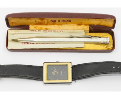 Omega- a gentleman's vintage 1970's  two tone DeVille wristwatch, comprising a signed black rectangular dial with applied gil
