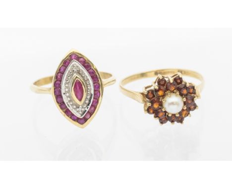 A ruby set marquise shaped 9ct gold cluster ring, width approx 17mm, size P1/2, along with a pearl and garnet set 9ct gold fl