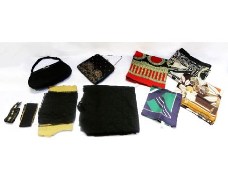 A collection of black noir items of different decades, all vintage, to include Edwardian black sateen lining fabric, a late 1