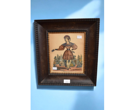 19th Century framed etching of Mrs Fitzwilliam as poll the pet with hand made petticoat and hand coloured.