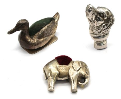 A Modern novelty silver pin cushion in the shape of an Elephant, hallmarked Birmingham by BS marked 925, with fabric cushion,