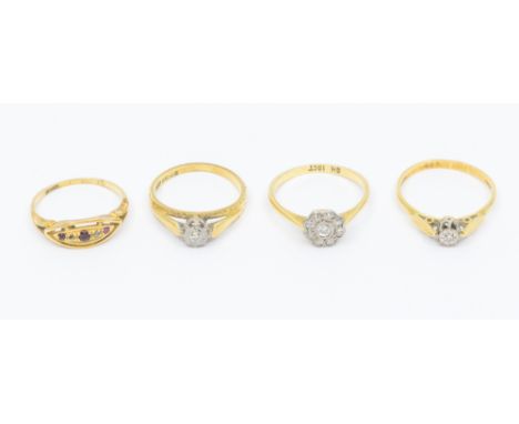 A collection of 18ct gold stone set rings (with wear) including a diamond cluster ring, size M1/2, two diamond illusion set r