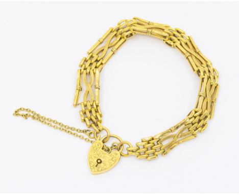 A 9ct gold gate link bracelet with heart shaped clasp, width approx 8mm, length approx 17cm, weight approx 6.8gms    Further 