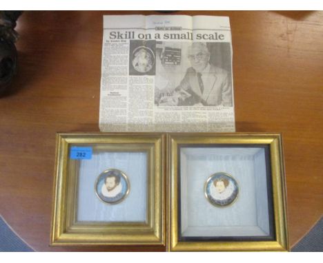 James Lee-Smith - two circular miniature portrait paintings of Elizabethan gentleman and lady, each in a gilt metal frame mou