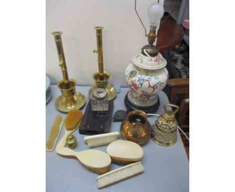 A mixed lot to include a table lamp, cut glass ink pot, brass candlesticks and other itemsLocation: 