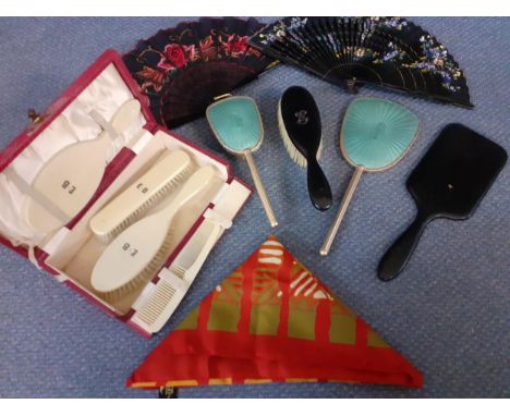 Vintage dressing table brushes and mirrors, 2 fans and a scarfLocation: 