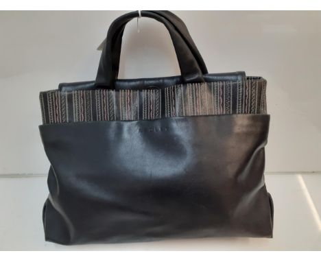 Radley- A black leather handbag with outer compartments and pink interior, a zipped interior pocket and embroidered zig zag p