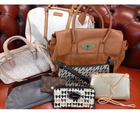 A quantity of modern bags A/F and purses to include a brown handbag in the Bayswater style and a Harrods purse with bow detai