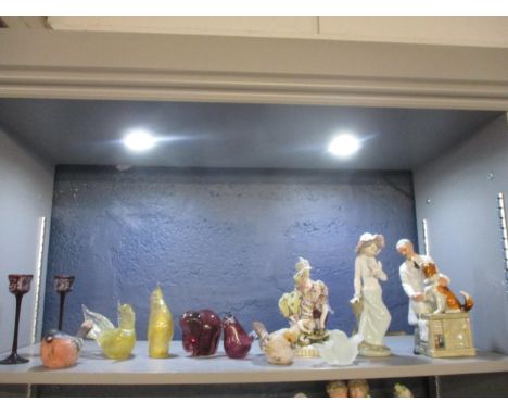 Mixed lot to include a Volkstadt porcelain figure group, a Nao figurine, a Royal Doulton figurine 'Thanks Doc' HN2731, Murano