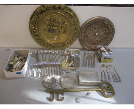 A quantity of cutlery and other silver plated items, brassware, and a box of Dunlop golf balls Location: LWF 