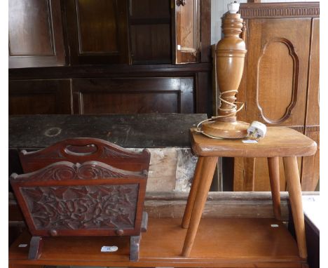 Carved mahogany sheet music rack, small jointed stool and a wooden lamp base
