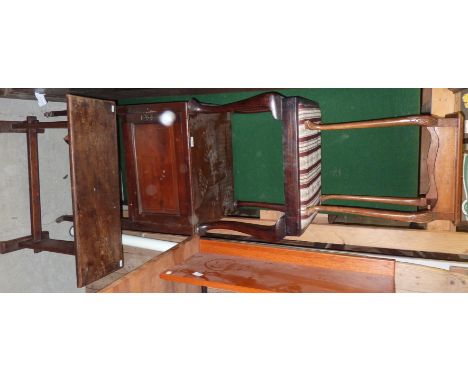 Side cabinet on caster feet with inlaid decoration, small side table, upholstered piano stool and an oak joint stool