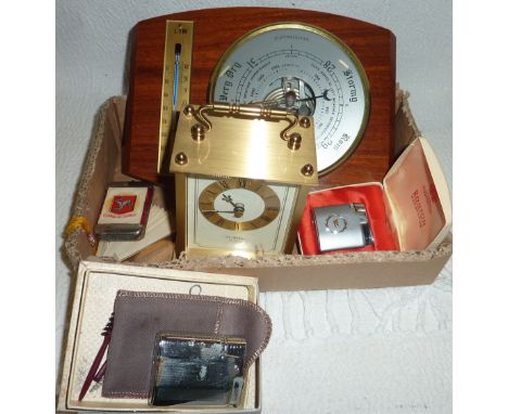 Small carriage clock, Ronson lighter, barometer, Isle of Man vesta case etc