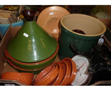 Stone ware tagine, terracotta dishes, scales etc