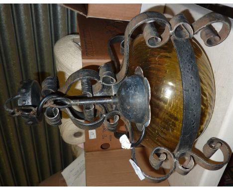Wrought iron and glass hanging lamp