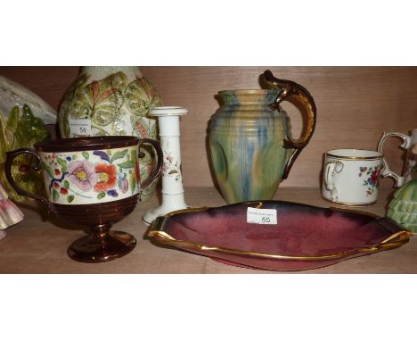 1930's jug with lizard handle, copper lustre 2 handled beaker, candlestick and a Carlton Ware Rouge Royale dish