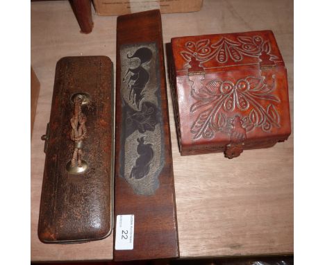 Leather jewellery casket, leather glove box and a plaque with a slate panel depicting fox and rabbit