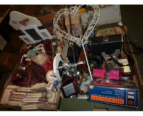 2 boxes of decorative ornaments inc Mickey and Minnie ornaments, glass scent bottle, ceramic tiles etc