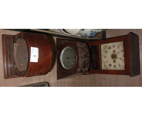Victorian mahogany half cased American type mantle clock, Ingersol Bakelite cased alarm clock and an Edwardian mahogany clock