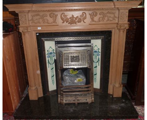 Hovingham fireplace quality cast metal fire with marble surround and tile slits with heavily carved pine surround