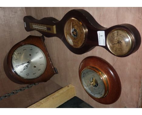 Oak Smiths Enfield mantle clock and 2 wood framed barometers