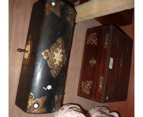 Mahogany box with mother of pearl inlay and wooden box with applied brass mounts and bone escutcheons