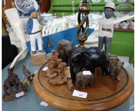 A COLLECTION OF CARVED WOODEN FIGURES, a Vintage wooden weather vane and similar items