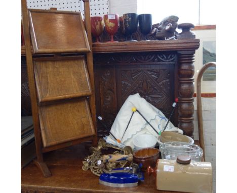 A COLLECTION OF VINTAGE JELLY MOULDS, a pair of brass piano candlesticks, a 1950s coat hook, with bright balls, a bed cover, 