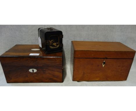 A REGENCY TEA CADDY, a Victorian rosewood box and a small Oriental cabinet (3)