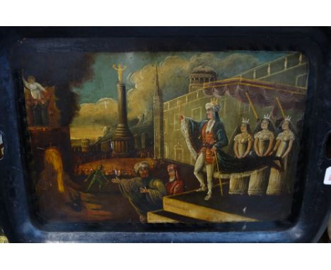 A LARGE 19TH CENTURY TOLEWARE TRAY, painted with a Biblical scene 'King Nebuchadnezzar', 77.5cm wide