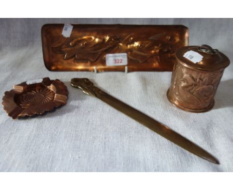 AN ARTS &amp; CRAFTS COPPER PEN TRAY embossed with fish, in the style of Newlyn and similar metalware